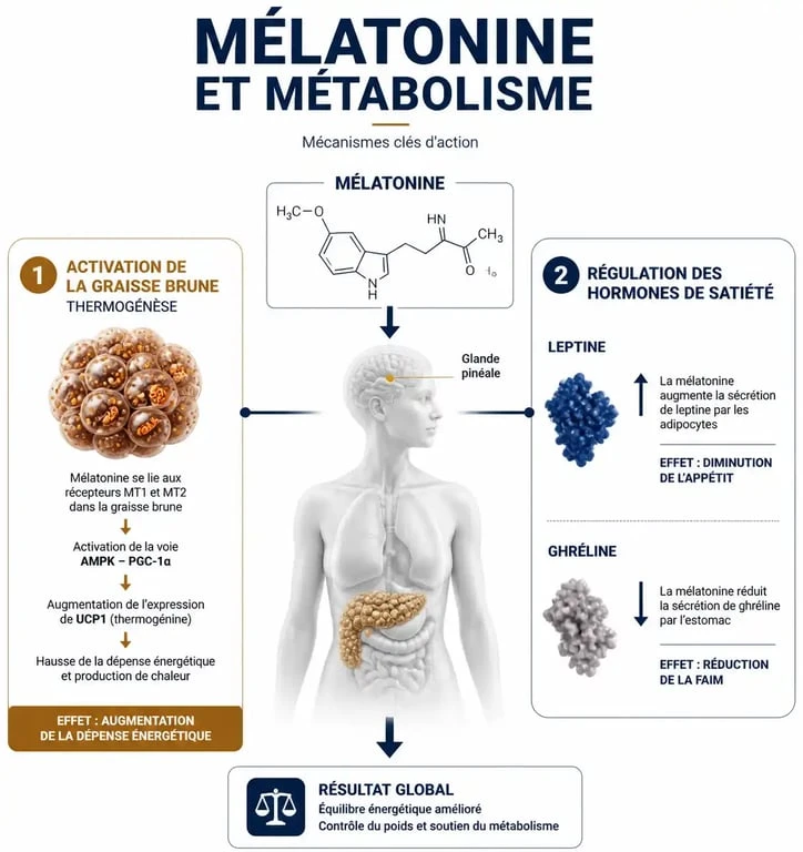 Schéma explicatif du lien entre mélatonine, métabolisme et régulation du poids