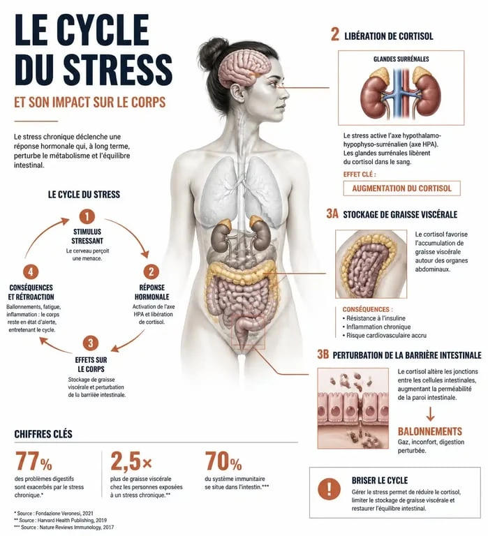 Schéma explicatif du lien entre taux de cortisol élevé et ventre gonflé : impact du stress sur le stockage des graisses et la digestion.