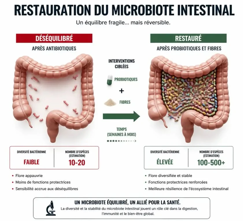 Infographie expliquant l'action des probiotiques après un traitement antibiotique pour restaurer la flore intestinale