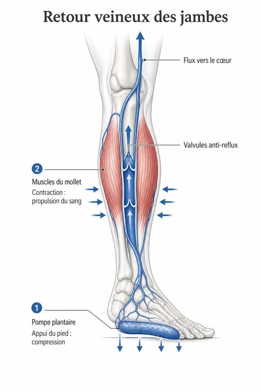 Schéma explicatif du retour veineux pour améliorer la circulation sanguine dans les jambes