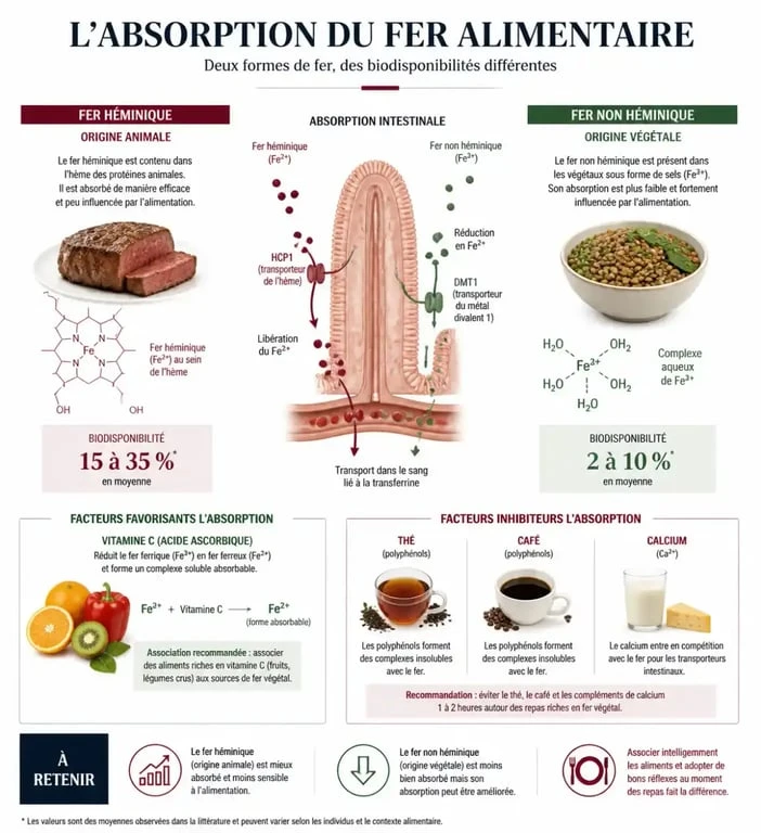 Infographie sur l'absorption du fer alimentaire : aliments riches en fer et conseils pour optimiser l'assimilation.