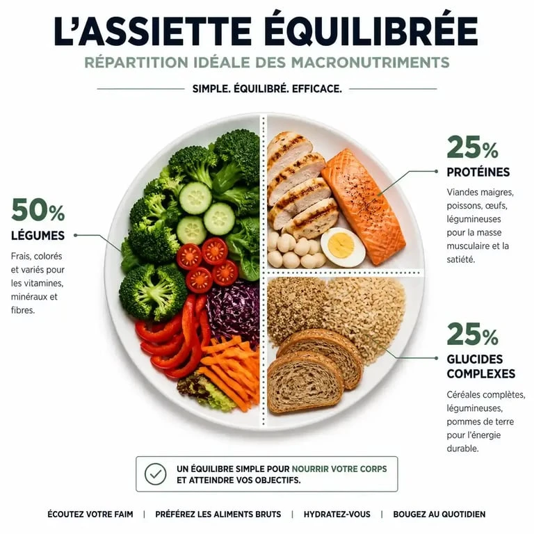 Infographie illustrant la répartition des macronutriments pour un plan alimentaire nutritionniste PDF équilibré