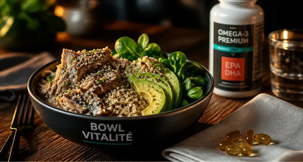 Huile de poisson bienfaits EPA DHA, oméga-3 en gélules et poisson