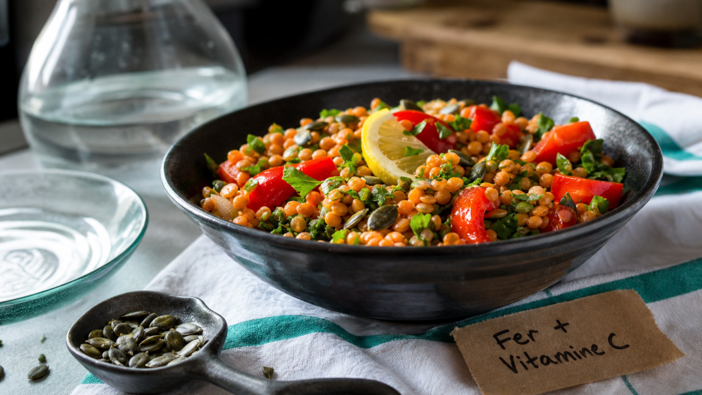 Liste d aliments riche en fer : salade de lentilles corail au citron (vitamine C)