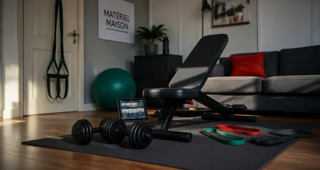 Materiel sport maison en petit salon : tapis, haltères, banc et corde à sauter