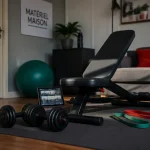 Materiel sport maison en petit salon : tapis, haltères, banc et corde à sauter