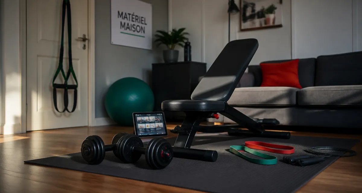 Materiel sport maison en petit salon : tapis, haltères, banc et corde à sauter