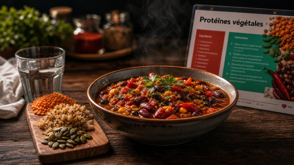 Sources de proteines vegetales : bol chili veggie (haricots, quinoa) riche en acides aminés essentiels
