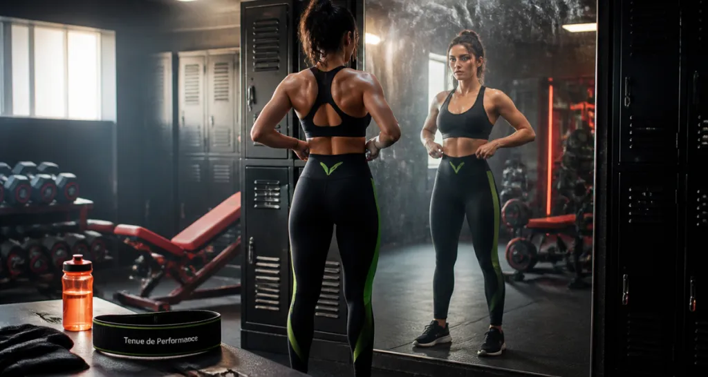 tenue salle de sport femme legging noir vert miroir