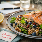 Aliment bon pour la memoire : salade saumon quinoa, myrtilles et noix