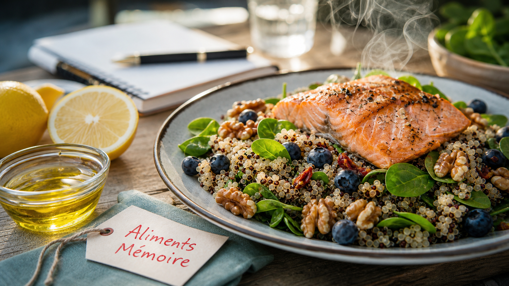 Aliment bon pour la memoire : salade saumon quinoa, myrtilles et noix