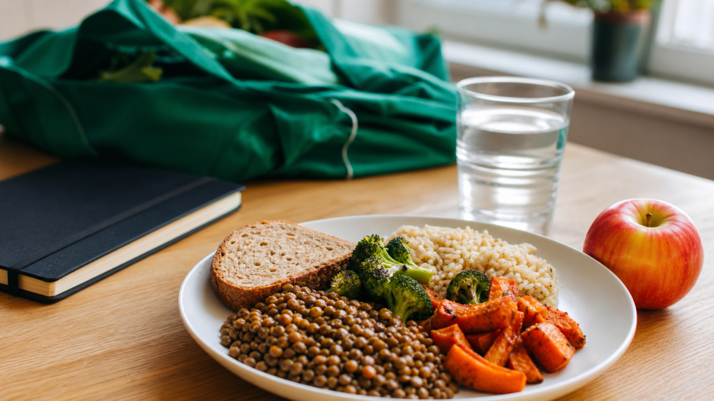 Aliment bon pour la santé : assiette équilibrée (lentilles, légumes, riz)