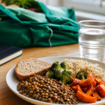 Aliment bon pour la santé : assiette équilibrée (lentilles, légumes, riz)
