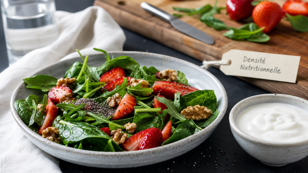 Aliment riche en nutriment : salade, graines de chia, noix et yaourt riche en oméga-3