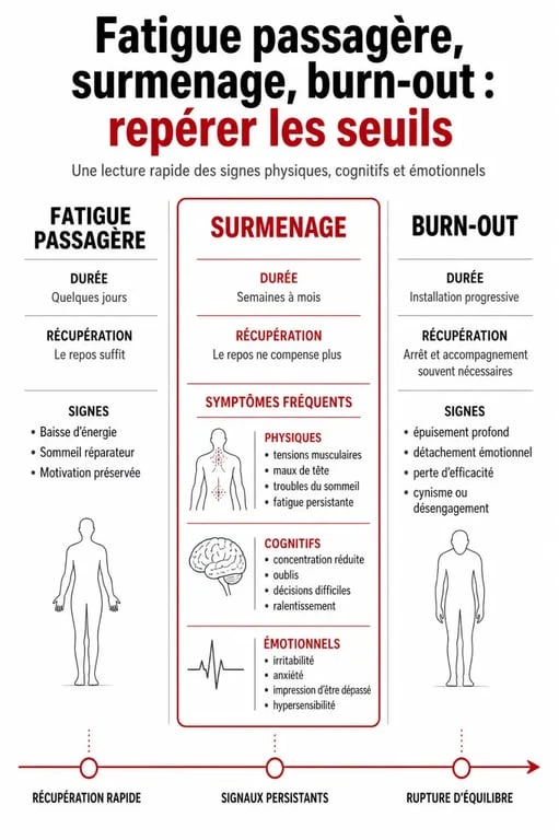 Surmenage symptôme : comparaison visuelle des signes de fatigue, surmenage et burn-out