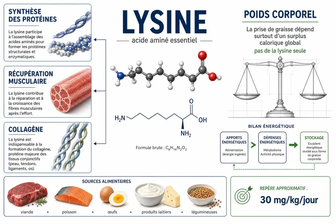 La lysine fait elle grossir : infographie explicative sur la lysine, la masse musculaire et la prise de graisse
