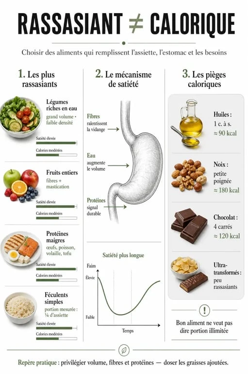 Infographie sur les aliments qui ne font pas grossir avec légumes, fruits et protéines rassasiants