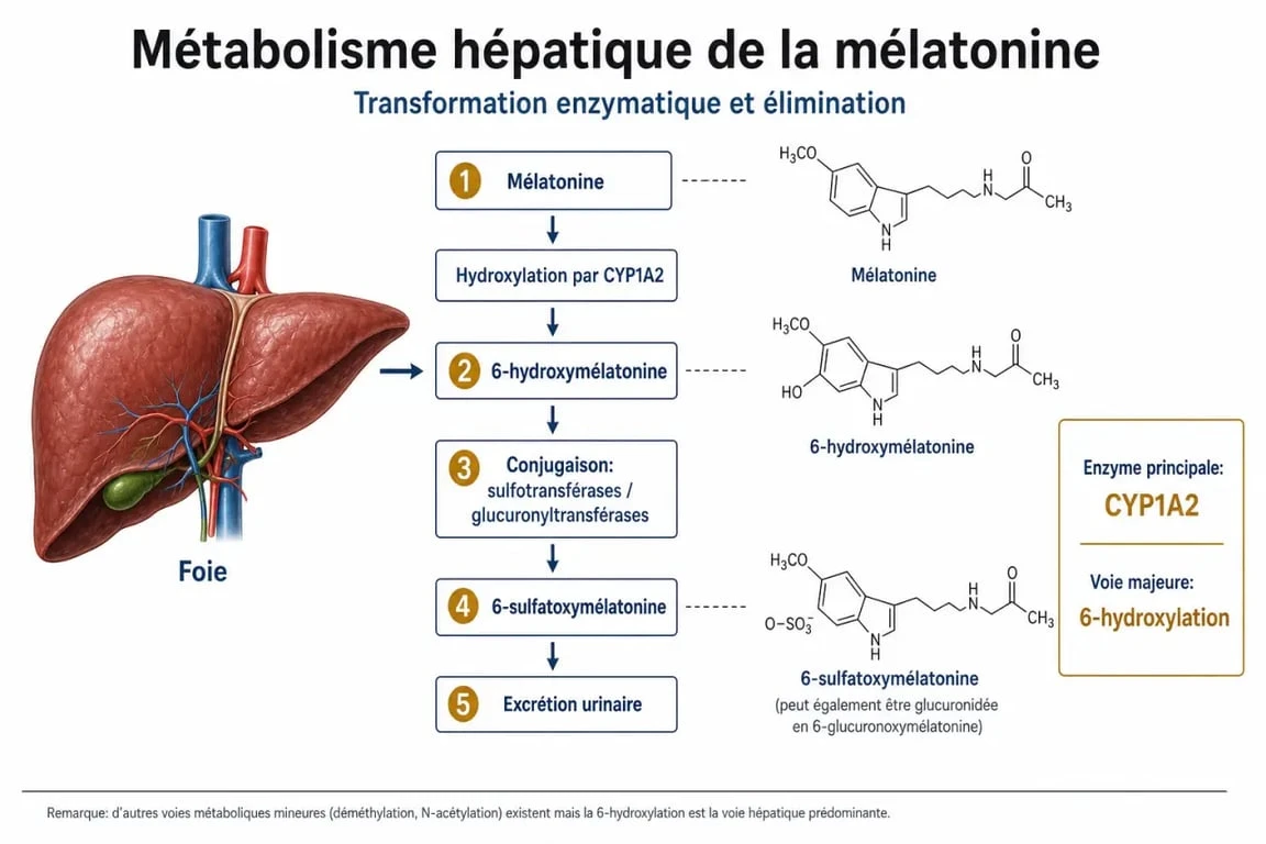 Infographie sur le métabolisme de la mélatonine et le foie