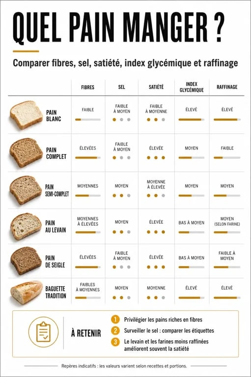 Infographie quel pain manger : comparaison entre pain blanc, complet, semi-complet, levain et seigle