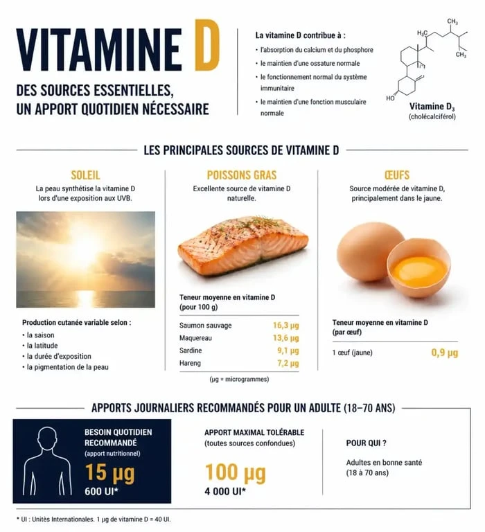 Infographie sur les apports et sources de vitamine D pour adulte