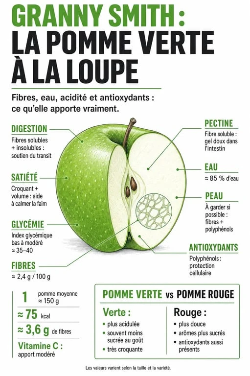 Pomme verte bienfait : infographie sur les fibres, la pectine, la satiété, la glycémie et les antioxydants