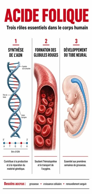 Infographie sur les bienfaits et rôles de l'acide folique pour la santé