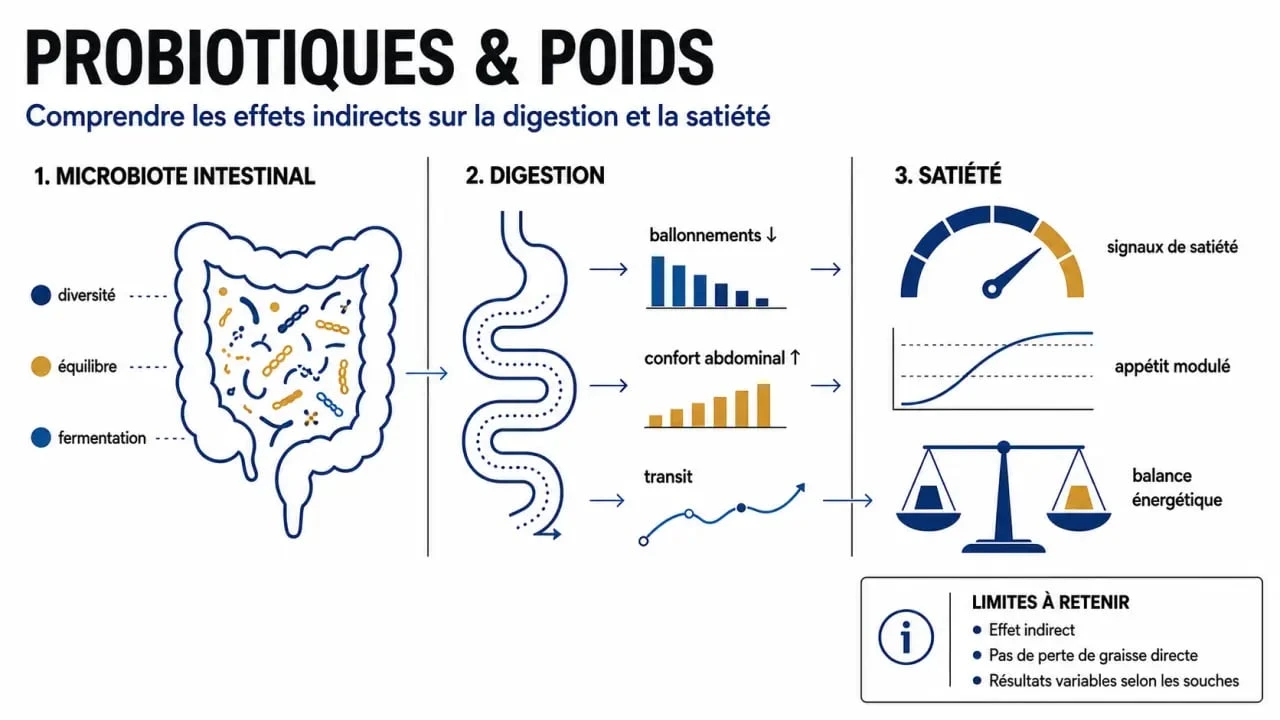 Probiotiques pour maigrir : schéma éditorial sur microbiote, digestion, satiété et limites de la perte de poids