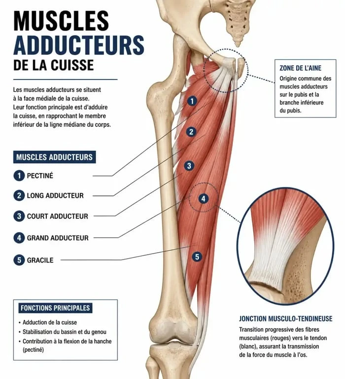 Schéma anatomique des adducteurs pour comprendre l'élongation des adducteurs