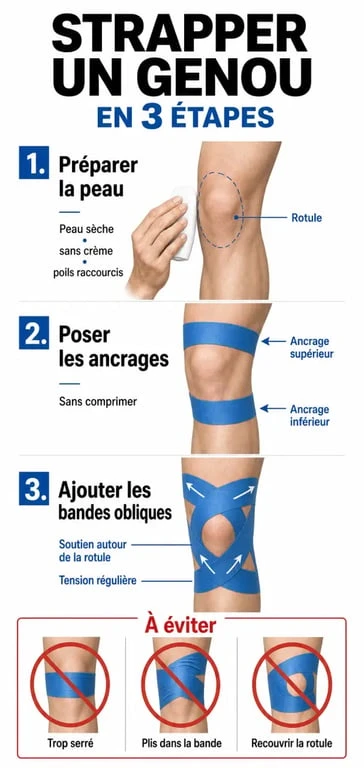 Comment strapper un genou : illustration pas à pas de la pose d’un strapping du genou