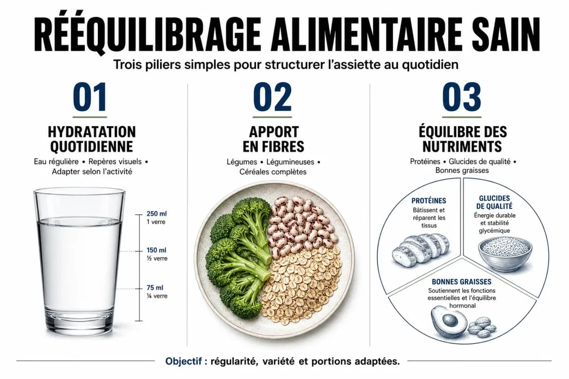 Infographie des piliers pour savoir comment faire un rééquilibrage alimentaire durable