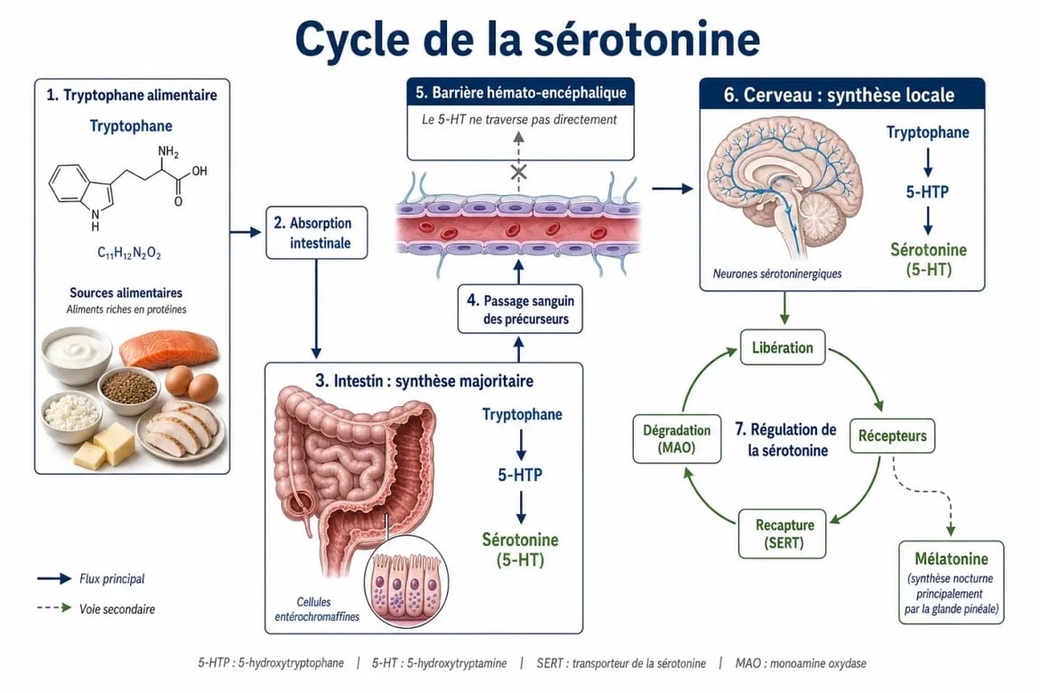 Schéma explicatif du cycle de production et des fonctions de la sérotonine dans l'organisme