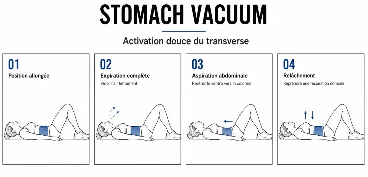Exercice stomach vacuum en 4 étapes pour apprendre la respiration et l’aspiration abdominale