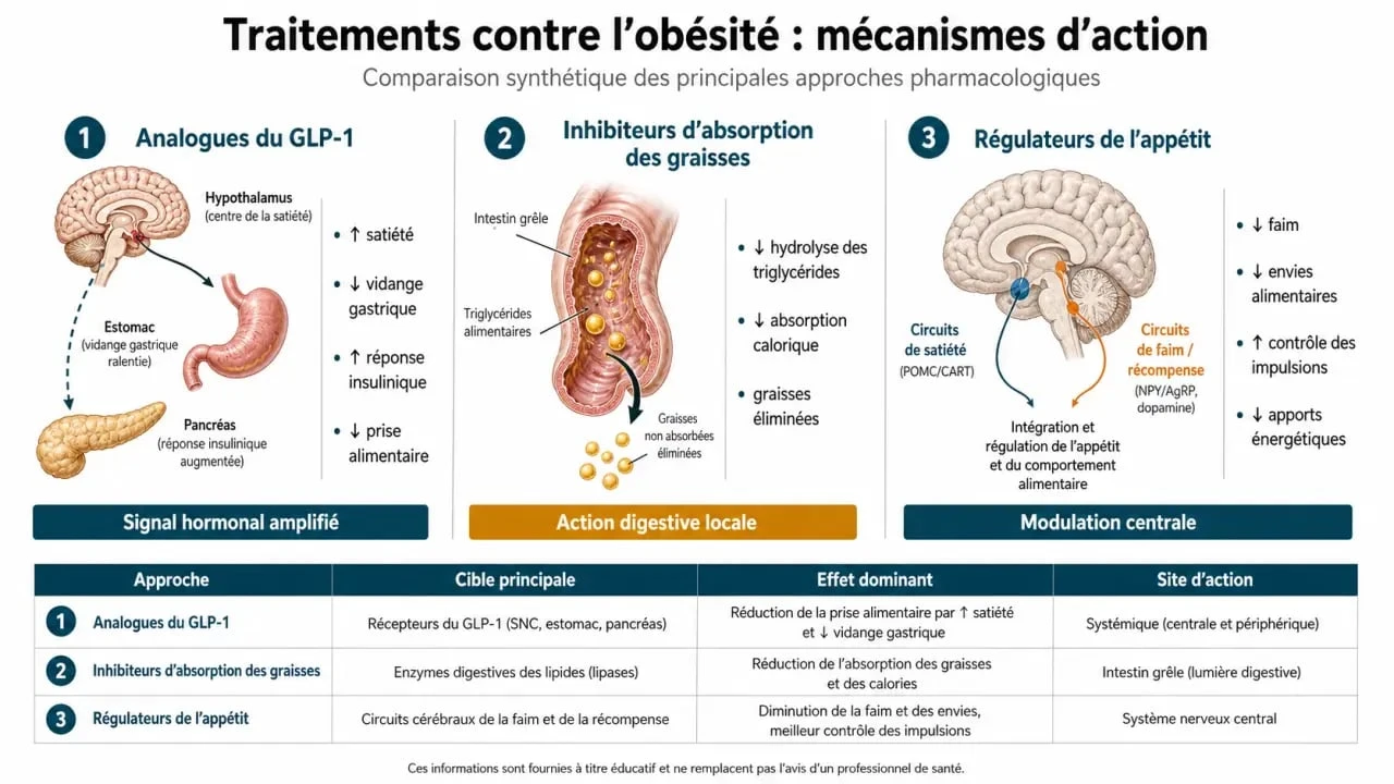 Infographie comparative des médicaments pour maigrir et leurs modes d'action