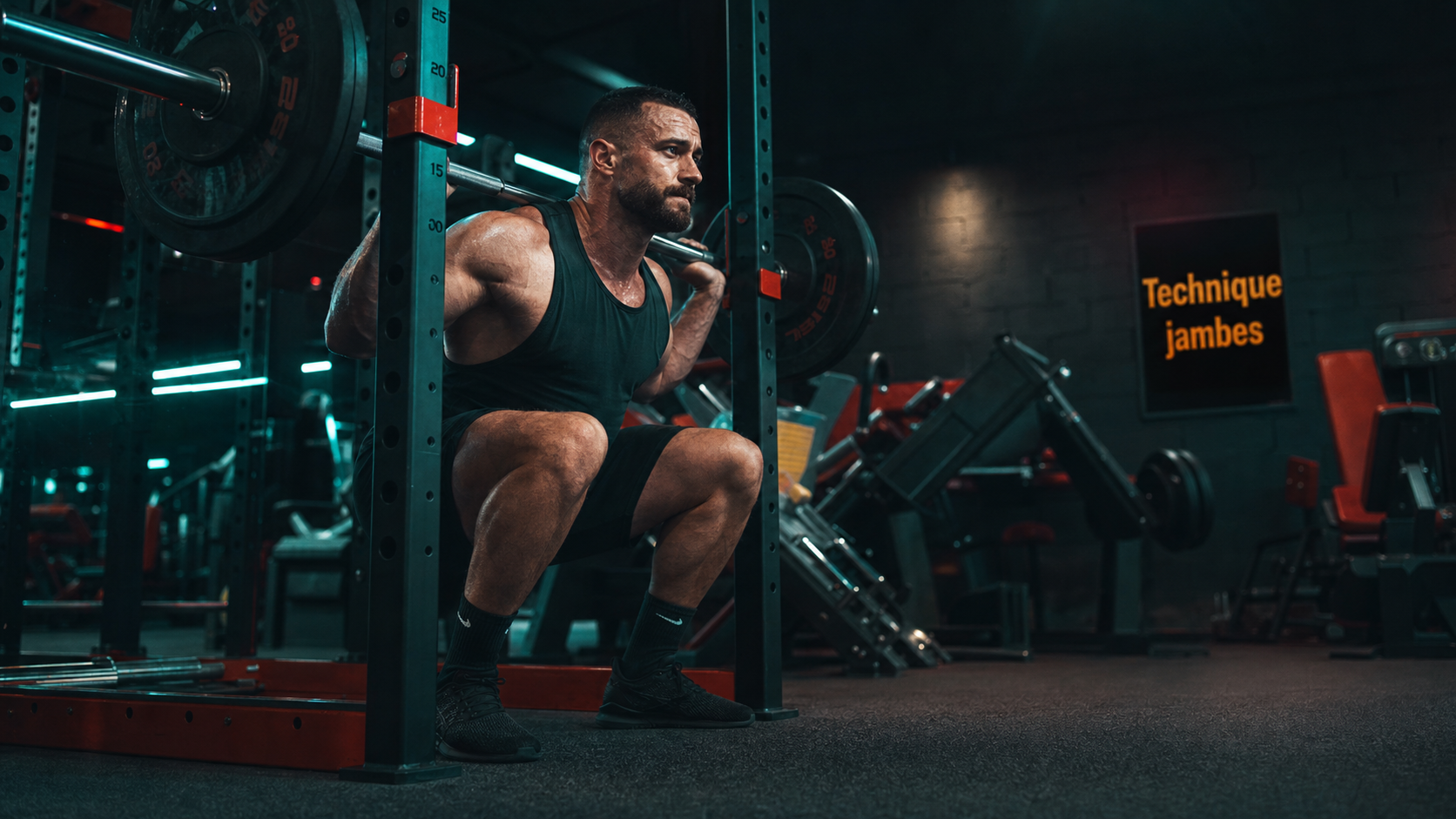 Exercice jambe : squat contrôlé et genoux alignés en salle de sport