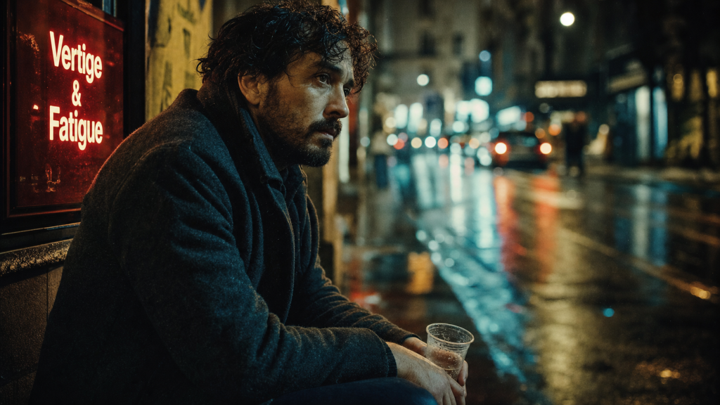 Fatigue vertige : personne assise, vertige et fatigue en ville