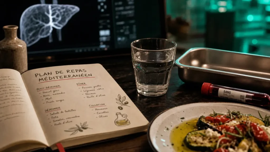 Graisse dans le foie traitement : photo repas et foie, perte 5 à 10 %