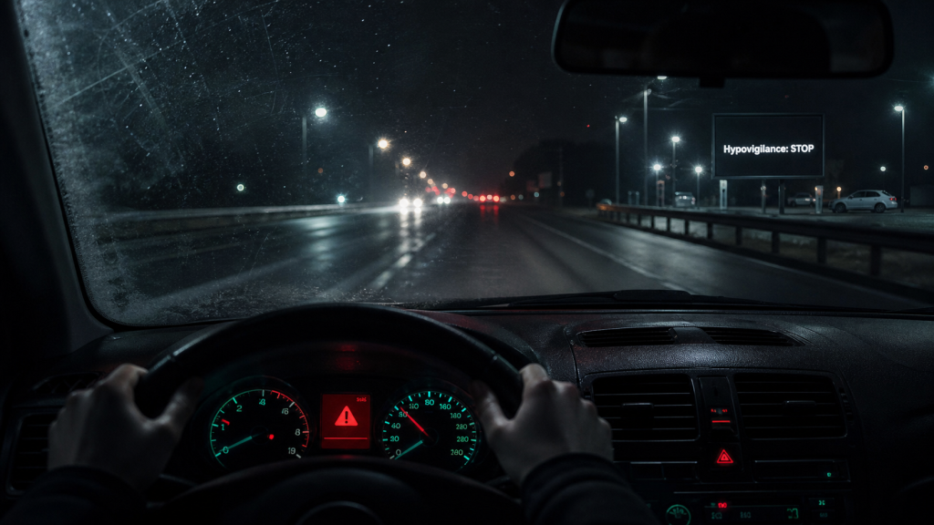 Hypovigilance au volant : signes avant micro-sommeil, nuit floue et conducteur en alerte