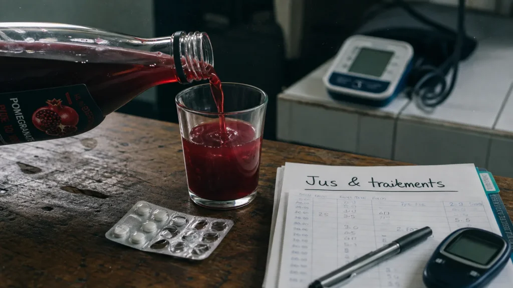 Jus de grenade danger : médicaments et carnet glycémie sur une table
