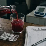 Jus de grenade danger : médicaments et carnet glycémie sur une table