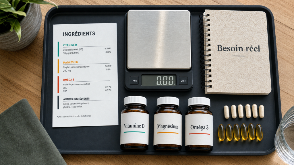 Les meilleurs complements alimentaires : Vitamine D, magnésium, oméga 3 en flacons et gélules