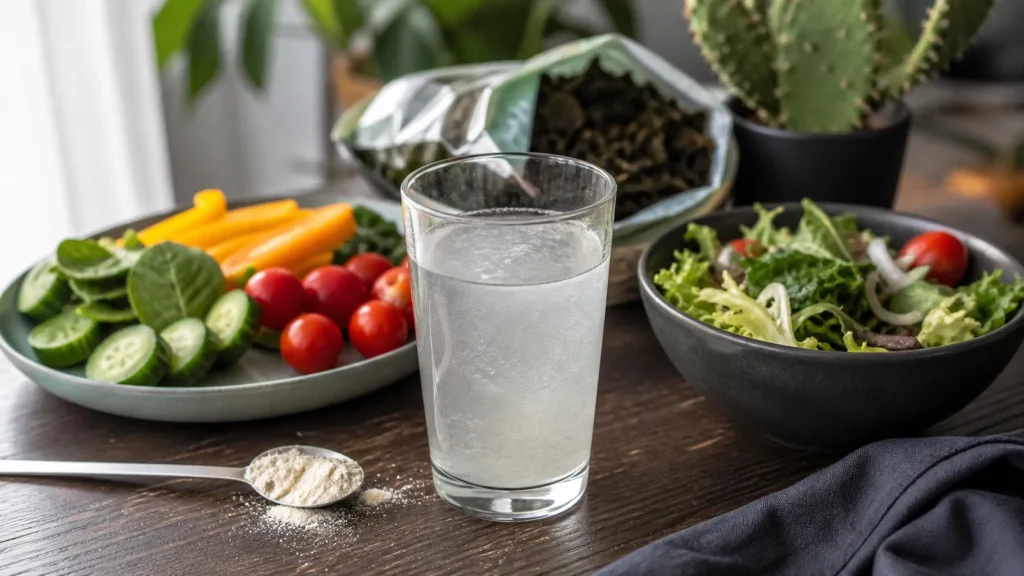 Plante coupe faim konjac, nopal et fucus, verre d’eau et légumes
