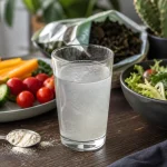 Plante coupe faim konjac, nopal et fucus, verre d’eau et légumes