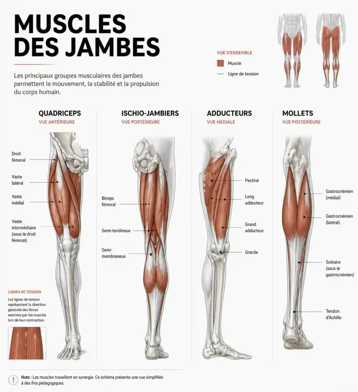 Schéma anatomique des muscles des jambes pour comprendre l'étirement pour les jambes