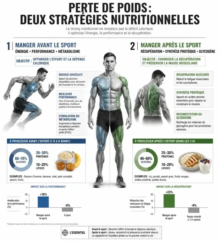 Infographie comparant les effets de manger avant ou après le sport pour la perte de poids