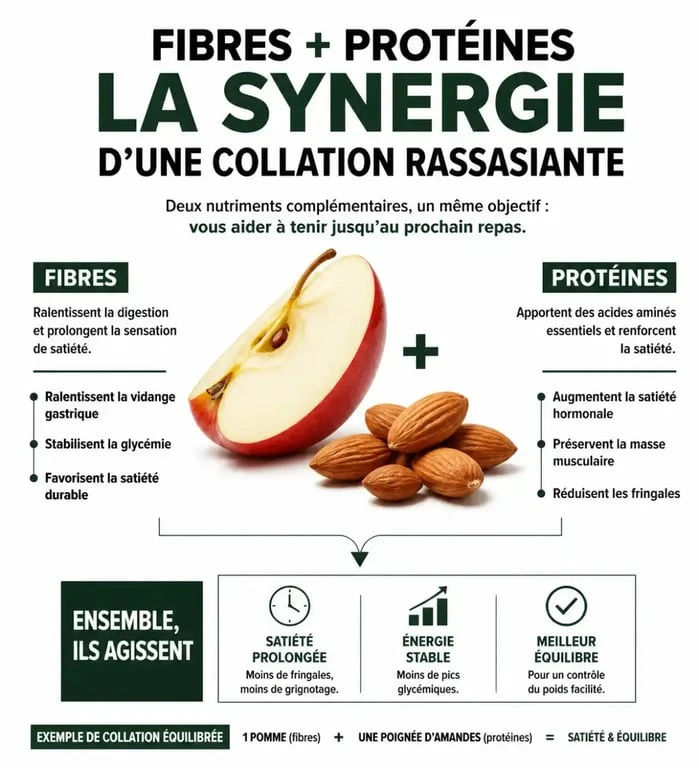Infographie sur les bienfaits pour grignoter sans grossir avec des aliments riches en fibres et protéines