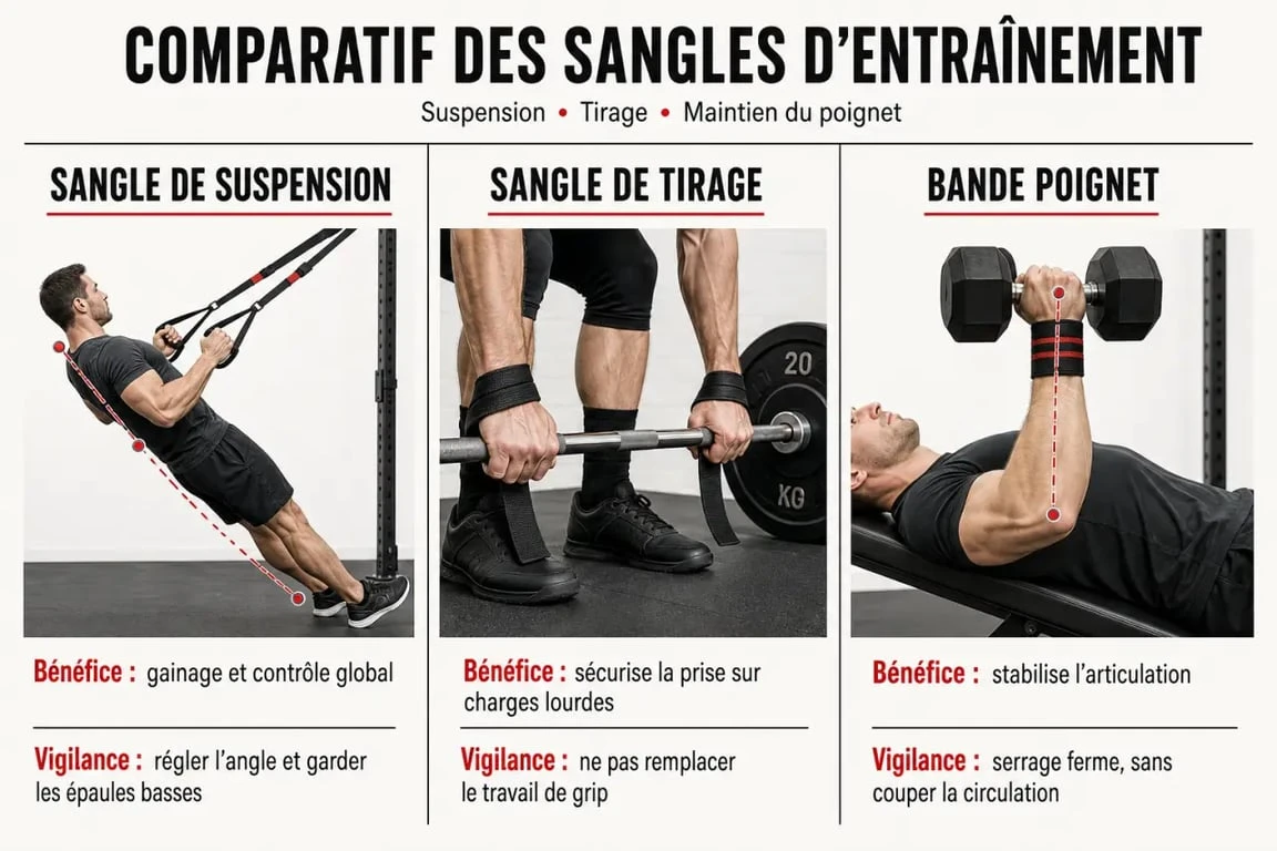 Sangle sport : comparaison visuelle entre sangle de suspension, sangle de tirage et bande poignet