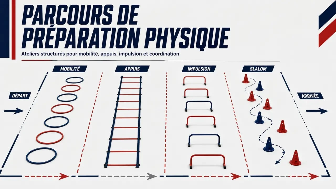 Parcours d'entraînement avec matériel préparateur sportif en club