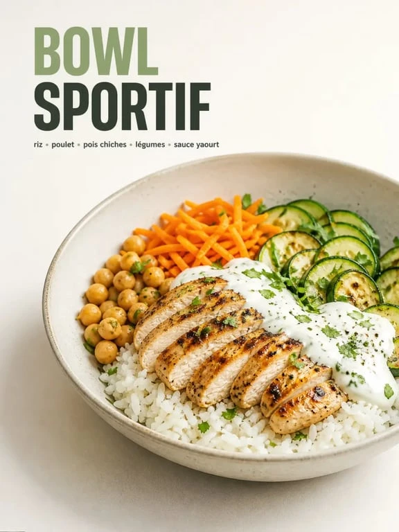 Plat sportif en bowl de riz, poulet, pois chiches et légumes
