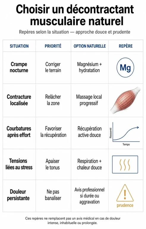 Infographie sur le décontractant musculaire naturel selon le type de douleur et la situation