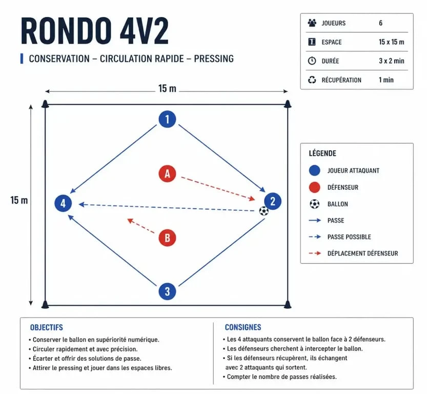 Schéma tactique d'un exercice de Rondo 4v2 pour l'entraînement de football